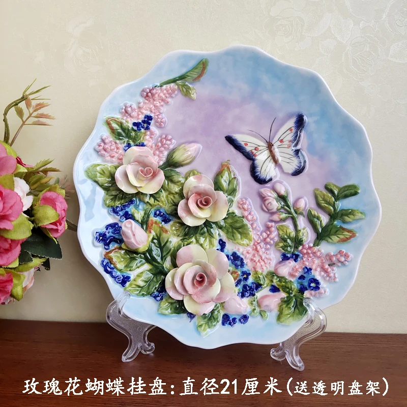 

Boutique pure hand-painted underglaze ceramic rose butterfly hanging plate new home decoration plate