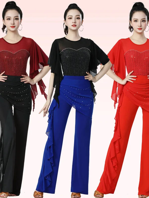 top-da-ballo-quadrato-da-donna-abbigliamento-per-performance-di-danza-moderna-maniche-a-farfalla-paillettes-lucide-inserti-in-pizzo-tessuto-in-poliestere-aderente