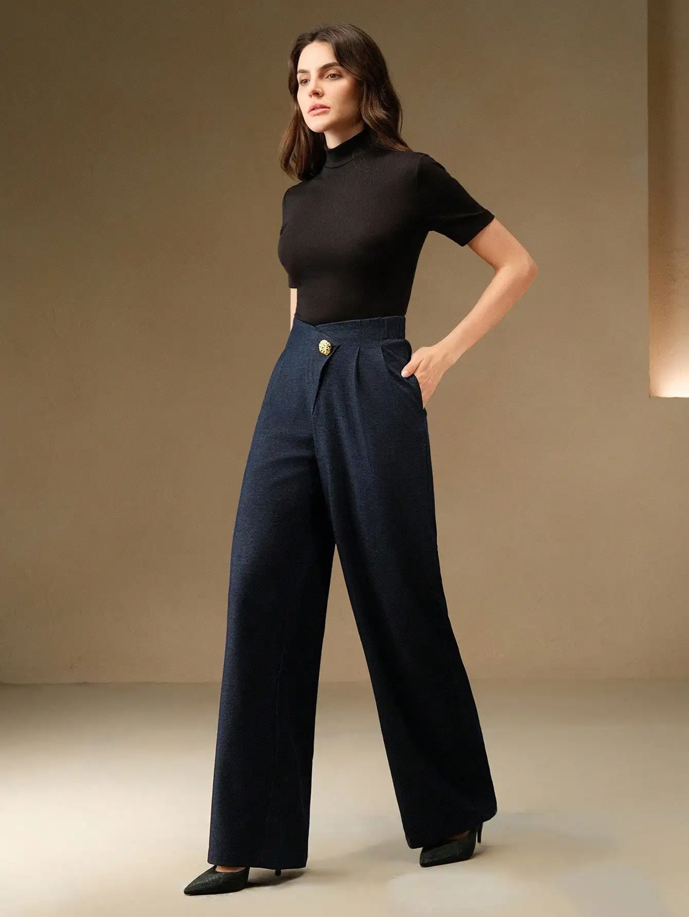 

Women Solid Color Pleated Wide Leg Elegant Dress Pants