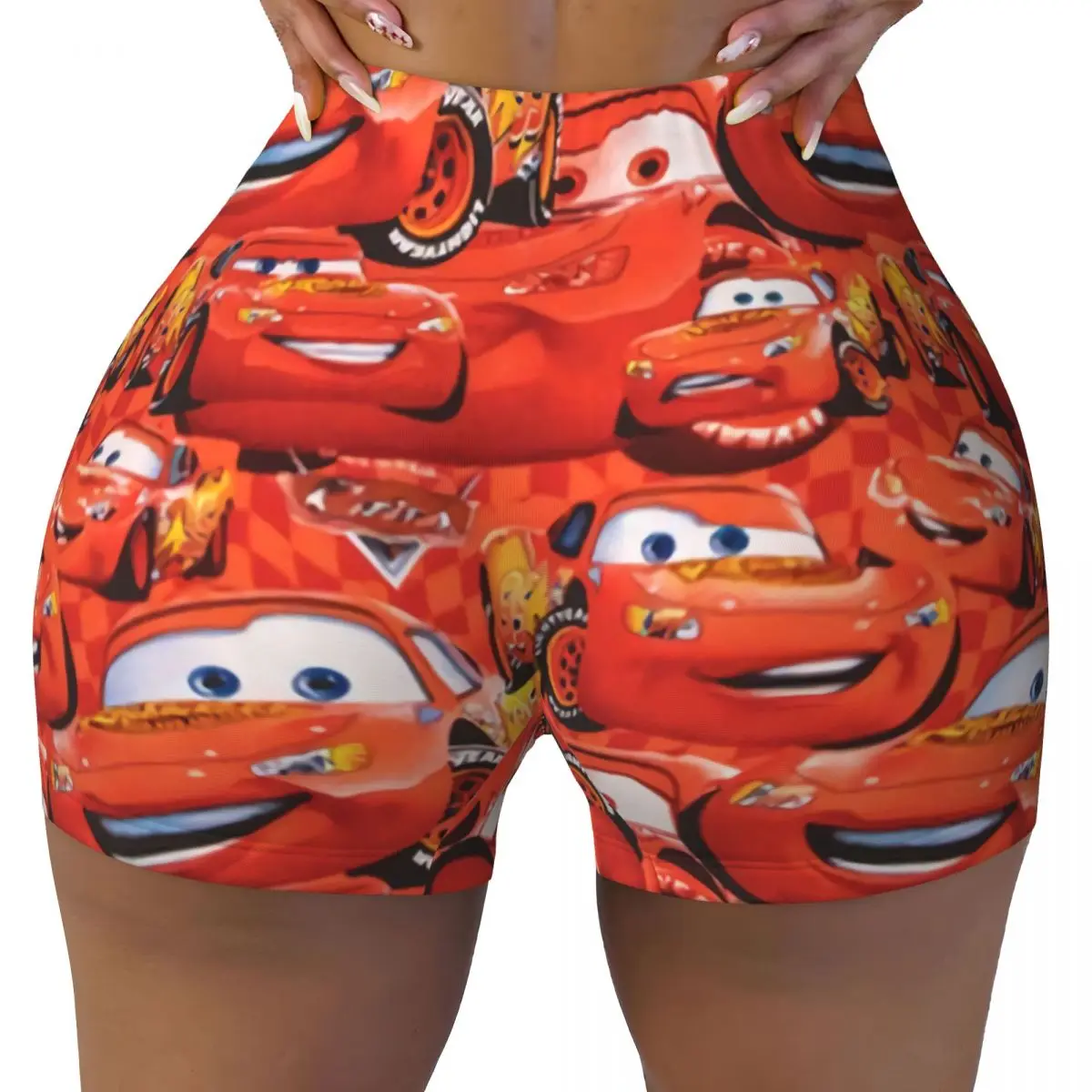 Custom Women's Lightning McQueen Car Collage Workout Yoga Shorts Athletic Gym Running Volleyball Shorts