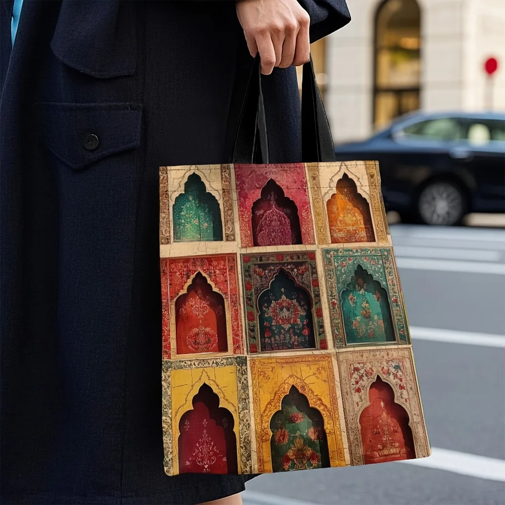 1個 イスラム教モスクプリントトートバッグ - 頑丈なポリエステルキャンバス、アラビアのアーチとイスラム美術デザイン、レッド/ゴールデン/グリーン/ブラック