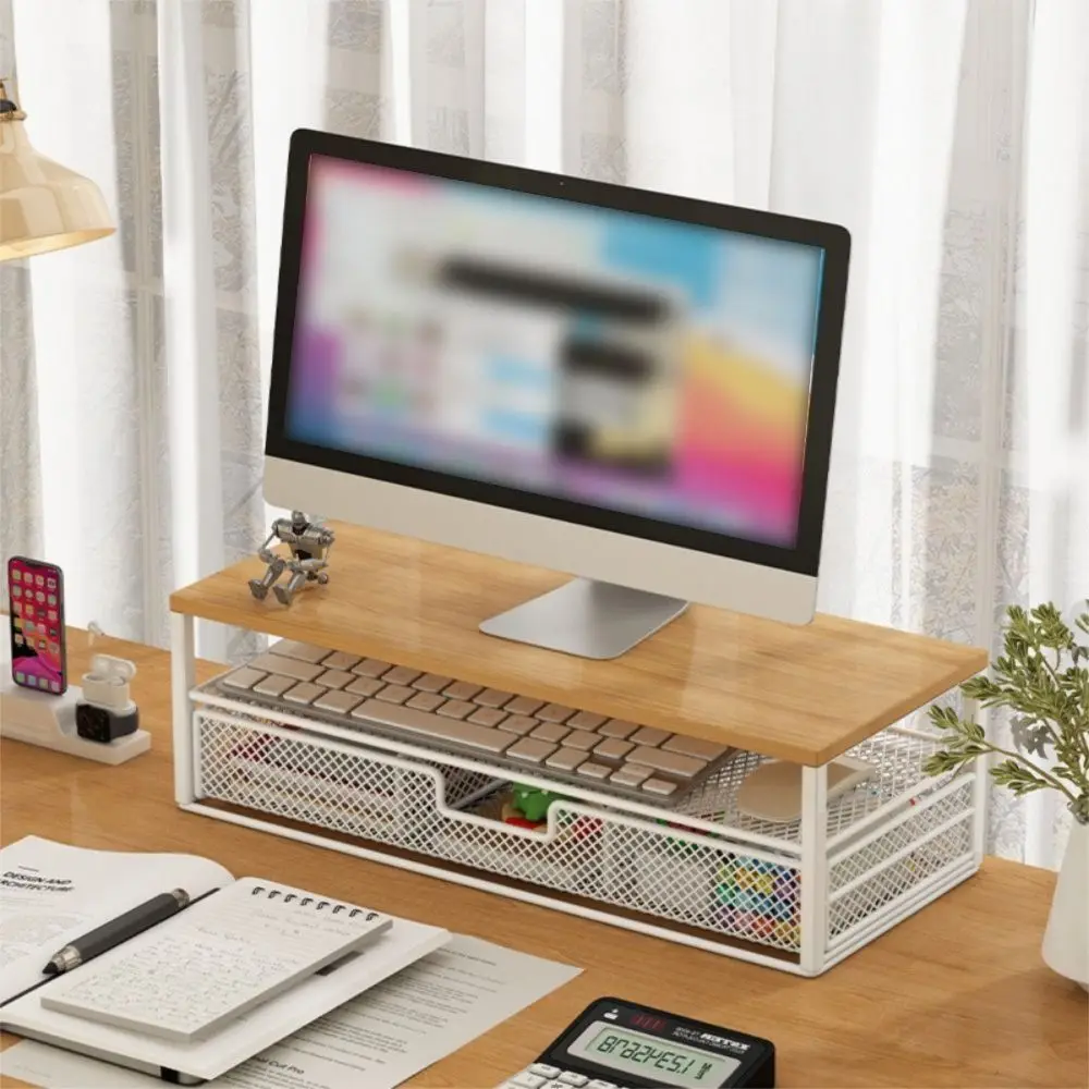 2-Tier Design Computer Monitor Stand With Drawer Metal Mesh Laptop Computer Storage Shelf Rust-proof Space Saving
