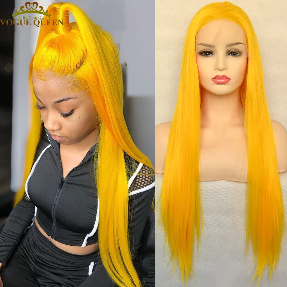 Voguequeen Yellow Synthetic Lace Front Wig Heat Resistant Fiber Silky Straight Natural Hairline For Women