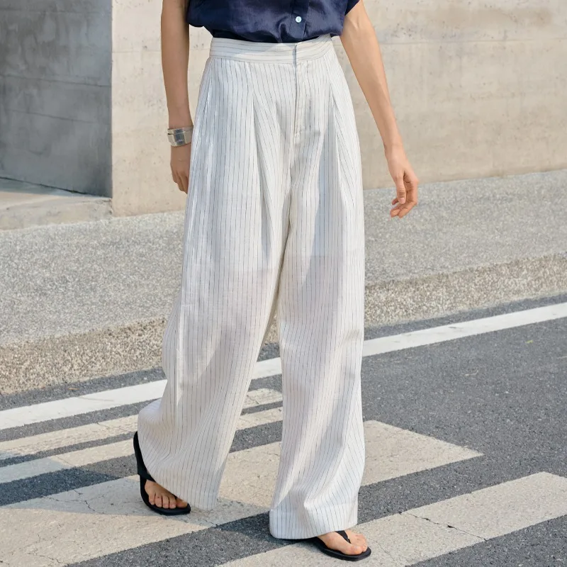 

Новые женские брюки из лиоцелла и льна в полоску с высокой талией, широкими штанинами, прямые, повседневные, для офиса, весна-лето