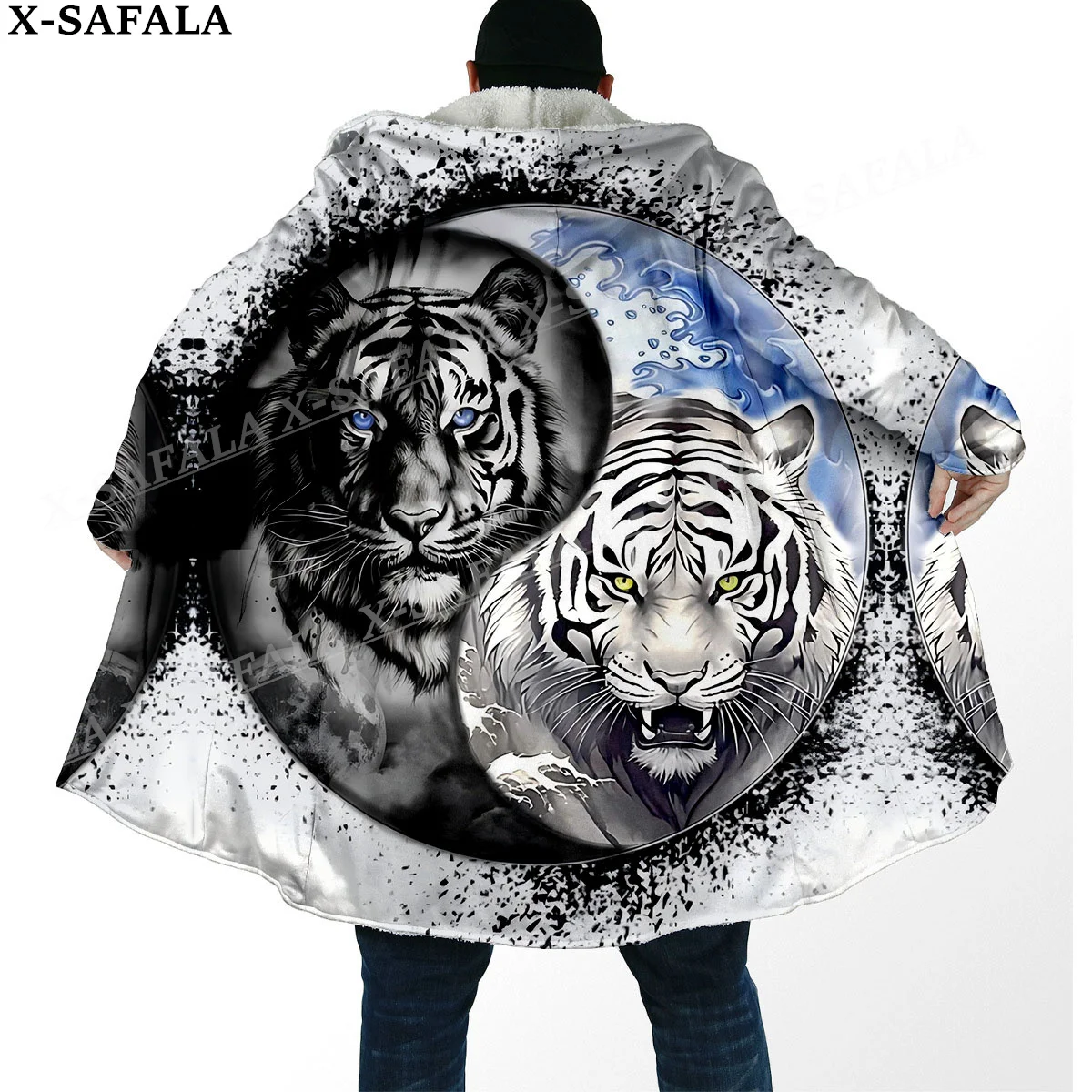 Yin Yang Tiger Spirit Totems Arts Thick Warm Hooded Cloak Men Overcoat Coat Windproof Fleece Cape Robe Hooded Blanket-3