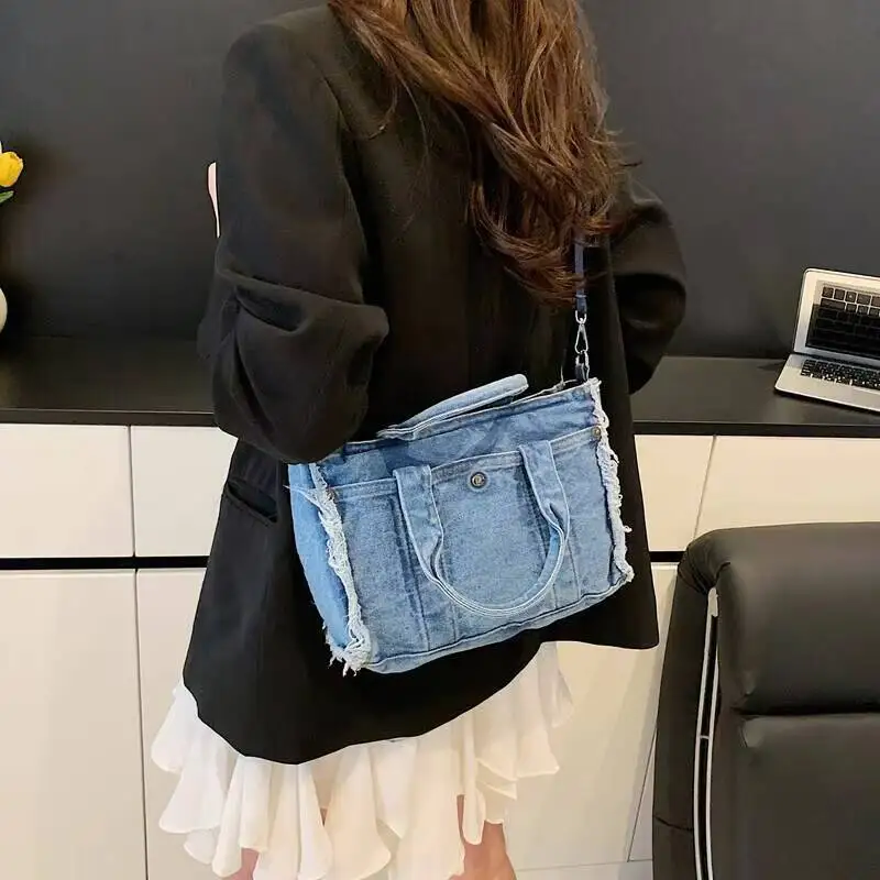 

Джинсовые сумки-тоут, женский джинсовый кошелек, повседневная джинсовая сумка, большая вместительная сумка через плечо, модная регулируемая сумка с рюшами на бретелях