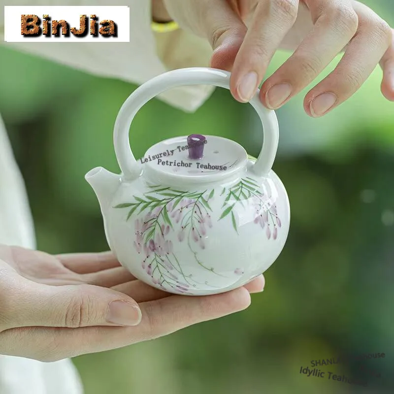 

Hand-painted Wisteria Flower Teapot Boutique White Porcelain Hoop Handle Pot Tea Maker Small Kettle Chinese Tea Set Ornaments