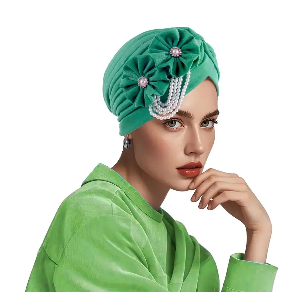 Trendy Stretch Fabric Beading Turban Cap Pearls Beading Lightweight Bonnet Hat Breathable Headscarf Women