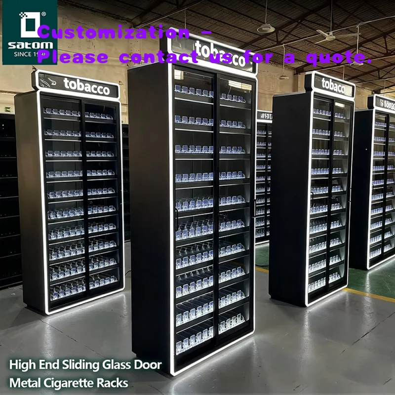 custom.Customised Metal Advertising Display Stand Display With Sliding Tempered Glass With Locks  Supermarkets