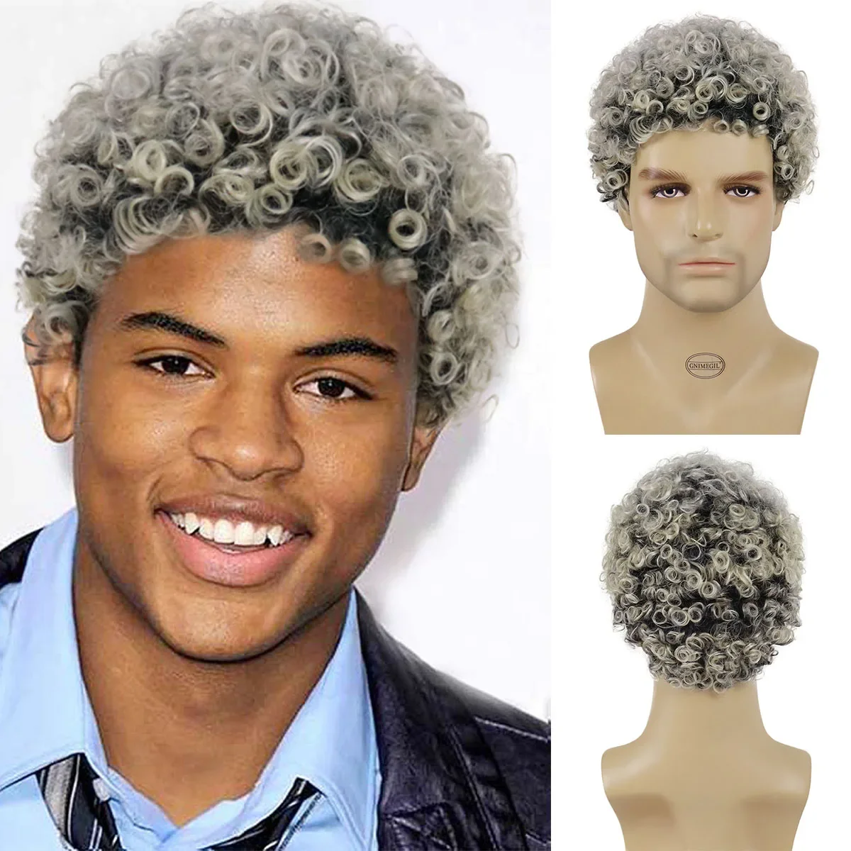 GNIMEGIL Synthetic Short Afro Kinky Curly Hair Wig for Black Men Ombre Gray Wig High Temperature Natural Daily Party Regular Wig