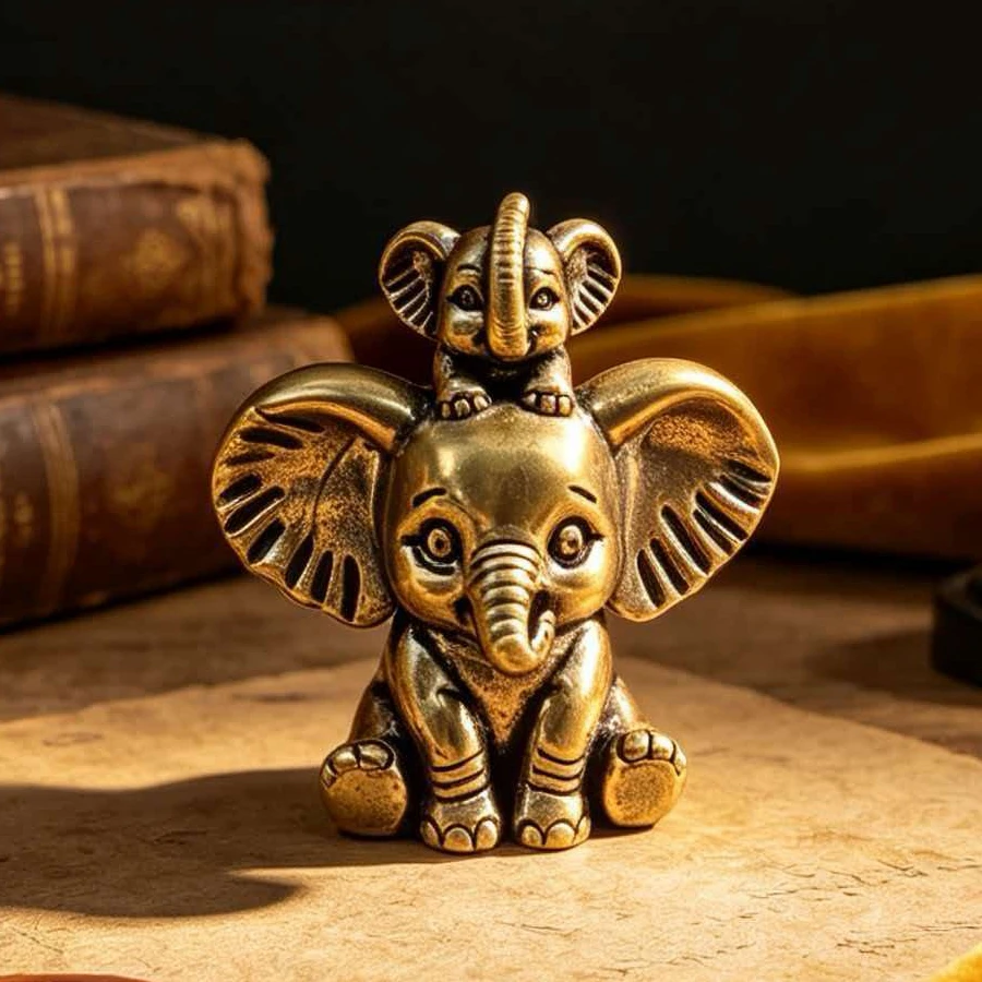 Vintage Brass Elephant Figurine with Sitting Baby Elephant, Metal Carving Craft, Mini Desktop Warm Decoration, Fun Ornament for Study Desk, Handcrafted with a Delicate Aged Texture, Perfect Gift for Housewarming and Birthday, Still Life Prop, Warm Family-Themed Brass Statue, Nostalgic Collectible, Tea Room Bookshelf Art Display, Suitable for Holiday Gifts to Friends and Family, Unique Niche Commemorative Small Ornament