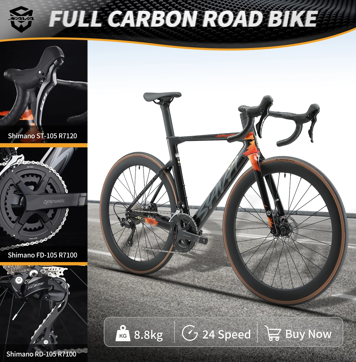 SAVA AK105 AURORA Full Carbon Fiber Road Bike with SHIMAN0 SHIMAN0 105 R7120 Kit 24 Speed Highly Popular Road Bike