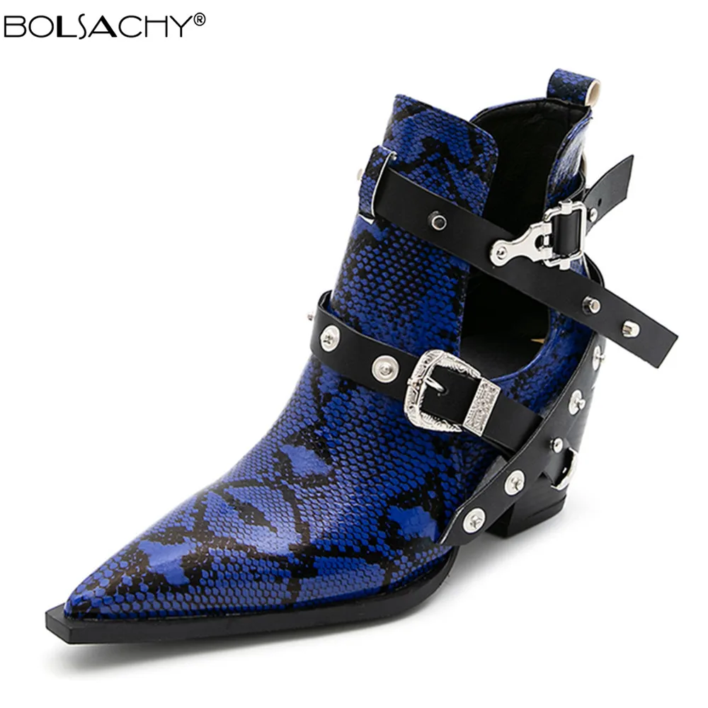 Motorcycle Western Cowboy Boots Women Snake PU Leather Short Cossacks High Heels Pointed Cowgirl Booties Buckle Womens Shoes