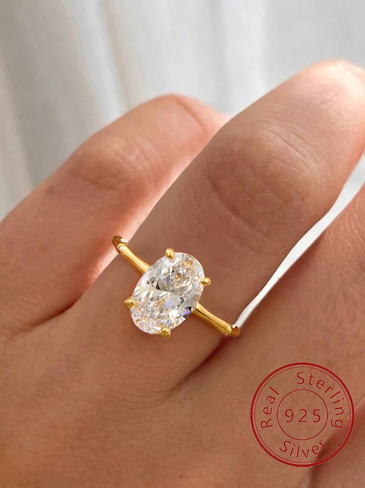 

925 Sterling Silver Zircon Golden Bamboo Oval Fashionable Ring For Women Engagement Wedding Luxury High Quality Fine Jewelry