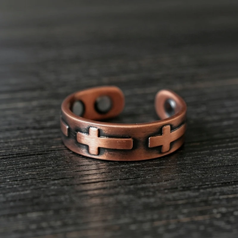 Retro Cross Pattern Pure Copper Magnetic Ring, Open Adjustable Band for Men & Women, Vintage Wellness Jewelry Gift