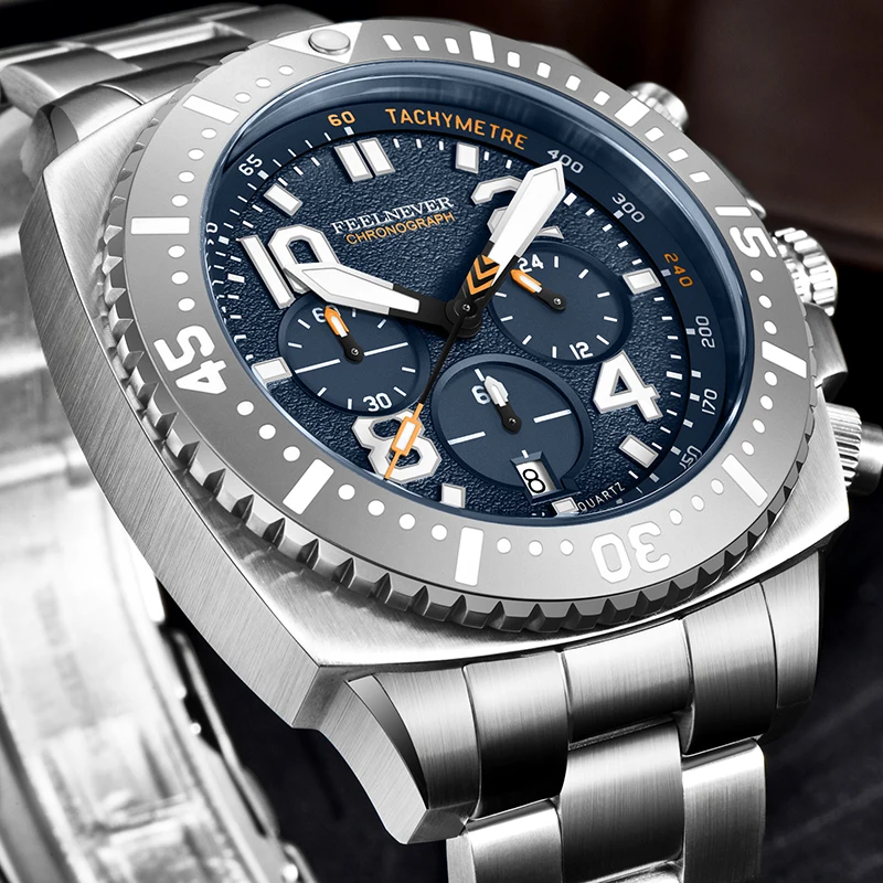 FeelNever Quarz-Herrenuhr, professionelle Luxus-Herrenuhr aus Edelstahl, wasserdicht, leistungsstark, leuchtend, Saphirglas, Kalender, Herrenuhren