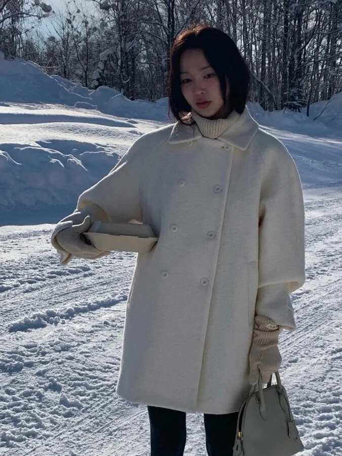 Elegant Winter Atmosphere Double Breasted Cotton Woolen Coat Korean Style Regular Fit Online Exclusive for Women