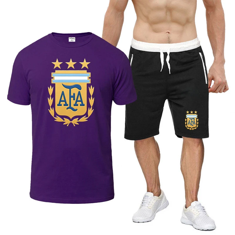 Argentina Summer Men's Fashion Simple Fitness Two-piece Fashion Short Sleeve and Shorts Sets Size Casual Sportswear T shirt view 6