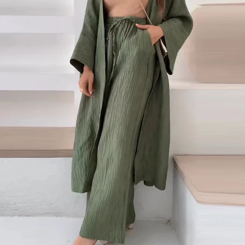 Elegant Female Loose Solid Color Outfits 2023 Women\'s Autumn Suits Lady Pleated Texture Top+Straight Casual Pants Two-Piece Sets