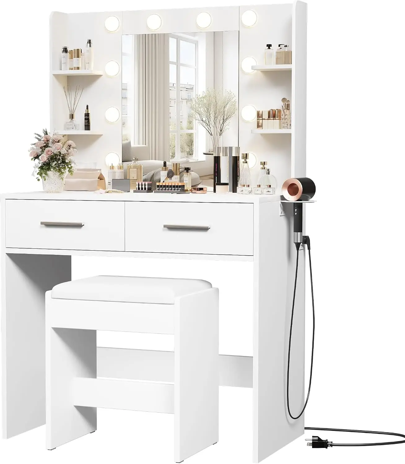 Make up Vanity Desk with Mirror and Power Outlet, Vanity with 3 Color Light Options Adjustable Brightness, Customized
