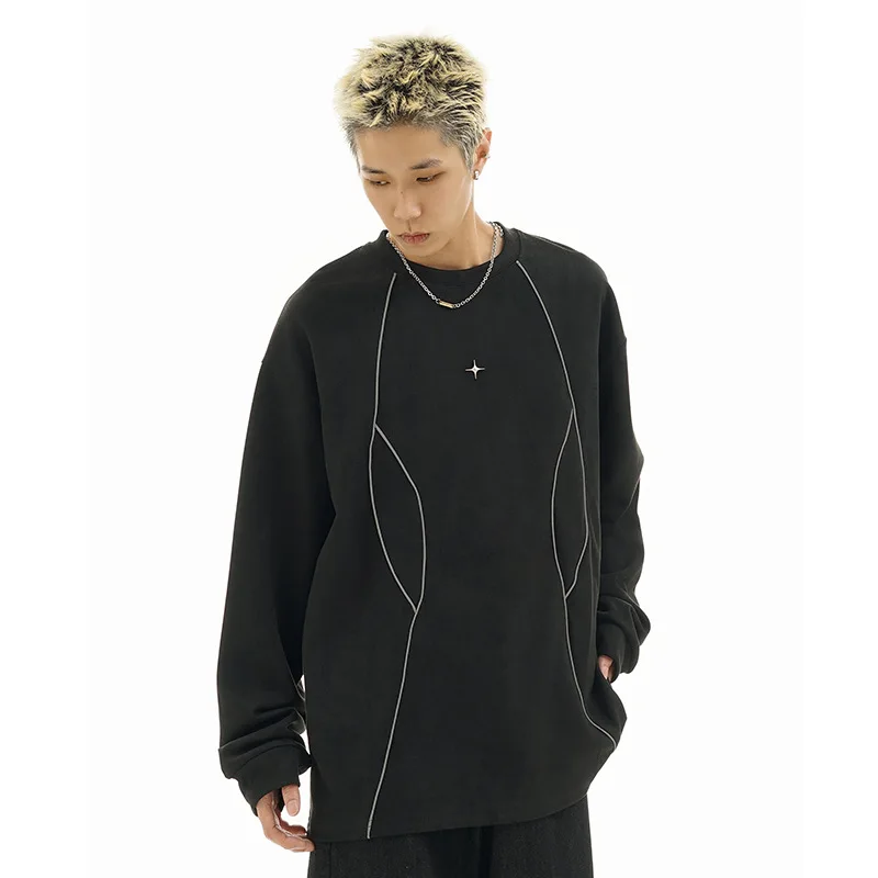 Y2K Hip Hop Men's Suede Tech Sweatshirts Reflective Stripe Streetwear Men Long Sleeve Tshirt Autumn Oversized Black Sweatshirt