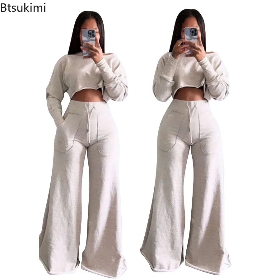 2026 Women Pants Sets Trend O-neck Long Sleeve Crop Tops+High Waist Drawstring Wide Leg Pants 2pcs Sets Women Street Casual Suit