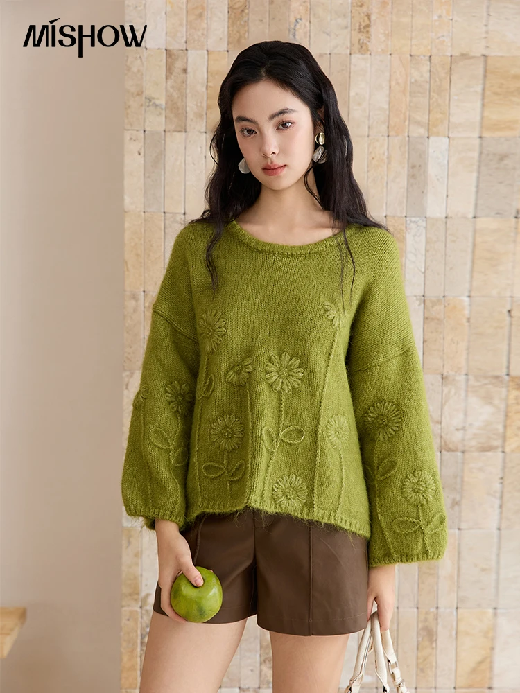 

MISHOW элегантный зеленый свитер для женщин, осень 202, французский трехмерный вязаный крючком свободный свитер, вязаные топы MXE48Z2585