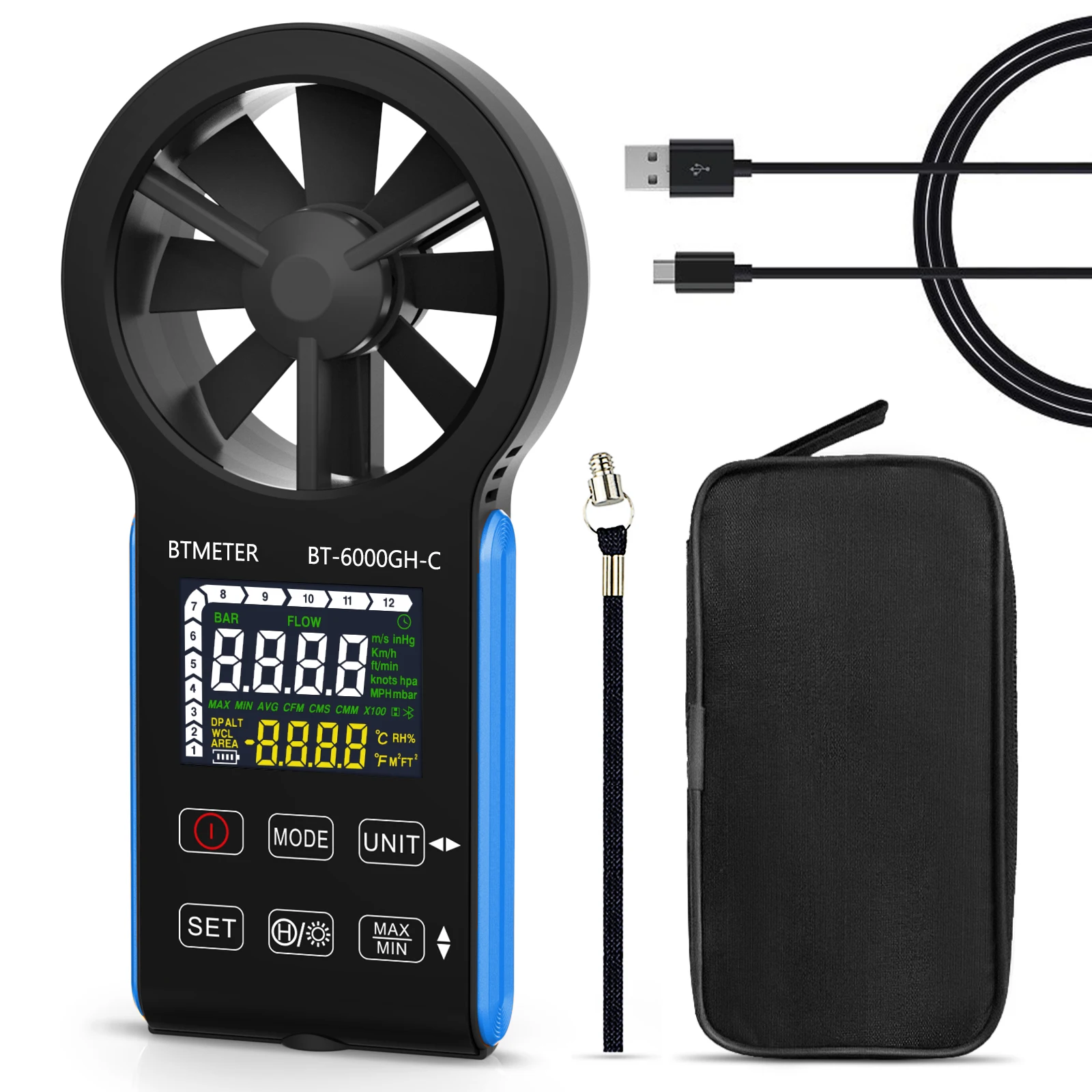 

Rechargeable Waterproof Anemometer with Color Touch Screen, Measures Air Flow 0-999900 ft³/min, Temp, Data Hold - HP-6000GH-C