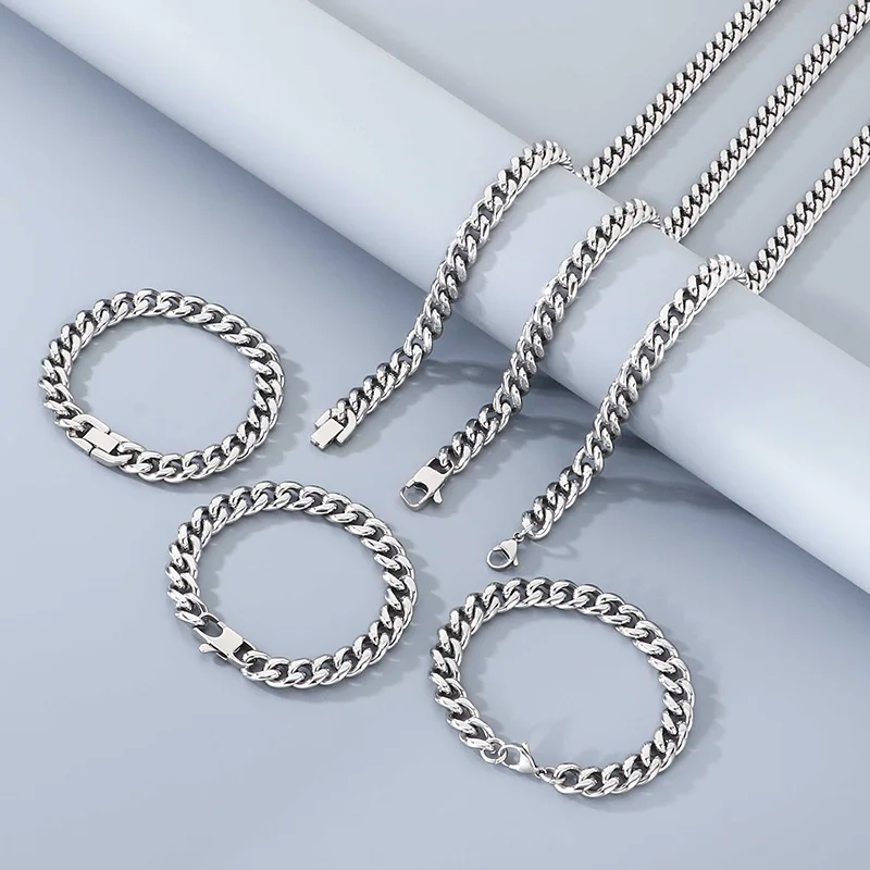 

Хип-хоп кубинская цепочка, комплект ювелирных изделий для женщин и мужчин, водонепроницаемый браслет из нержавеющей стали, ожерелье, колье-цепочка, аксессуар для вечеринки, подарок