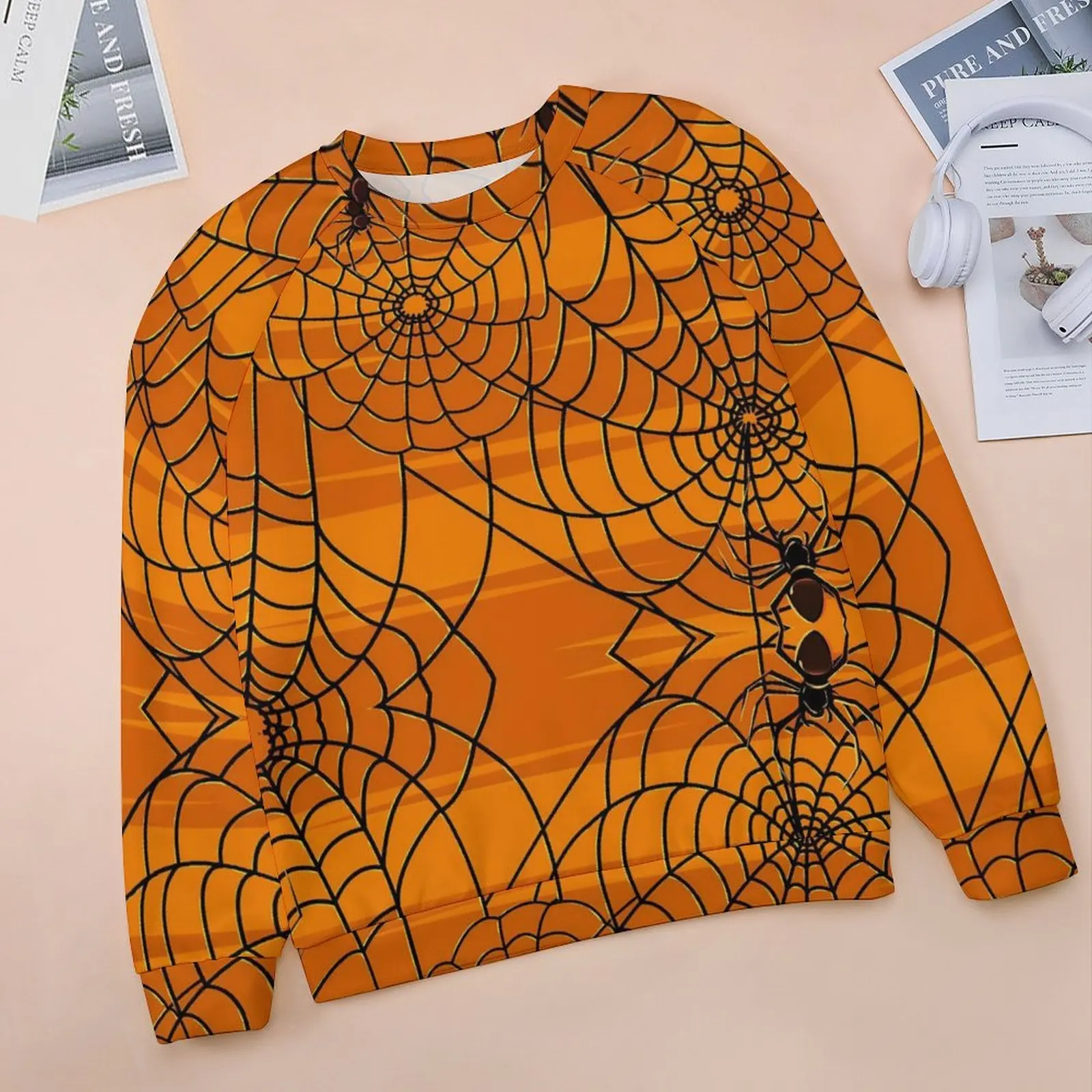 Halloween Casual Hoodies Spring Black and Orange Spider Web Aesthetic Hoodie Long Sleeve Oversize Classic Pattern Sweatshirts