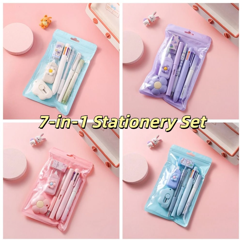 Korean 7-in-1 Stationery Set Multifunction Useful 7pcs/set Stationery Set Eraser Correction Tape Student Tools Set School Office