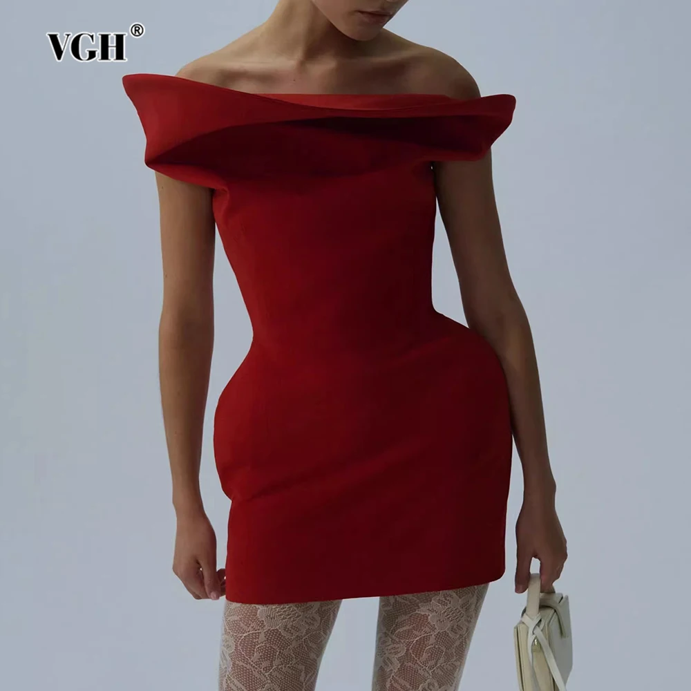 VGH Sexy Solide Bodycon Mini Kleid für Frauen Slash Neck Off Schulter Hohe Taille Abnehmen Club Party Ballkleid Weibliche 2026 stil