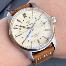 Tandorio Steel 39mm Pilot NH34 Men's Automatic Dive Watch AR Sapphire Date GMT Mechanical Wristwatch Luminous Beige Dial Leather