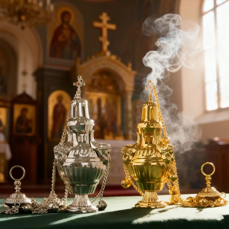 Neues 2026 Orthodoxes Kirchen-Weihrauchfass, griechisches hängendes Weihrauchfass, vergoldet und versilbert, religiöses Weihrauchfass mit Glocken, orthodoxes Weihrauchfass als Geschenk – Detail 5