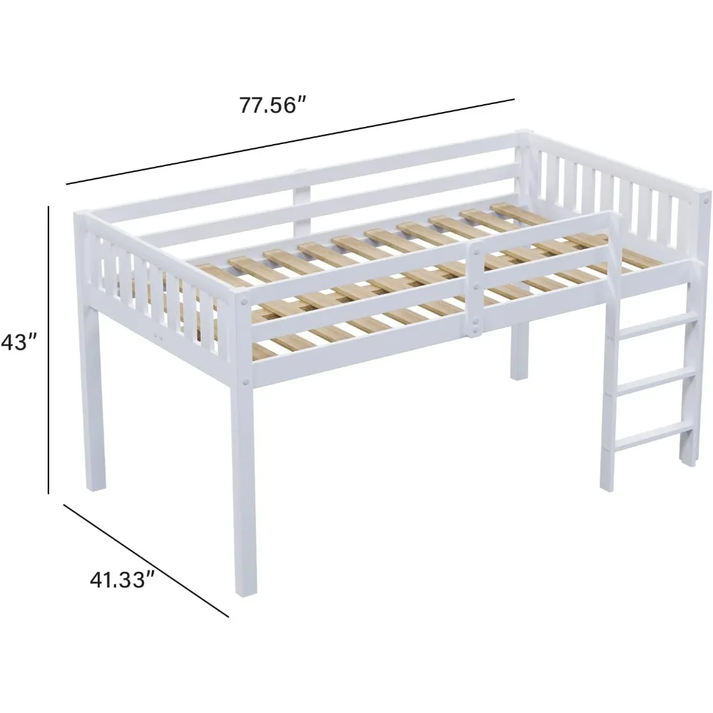 Twin Loft Bed Low Loft Bed Frame for Little Kids Small Room/Low Ceiling Bedrrom with Guardrail and Ladder, White