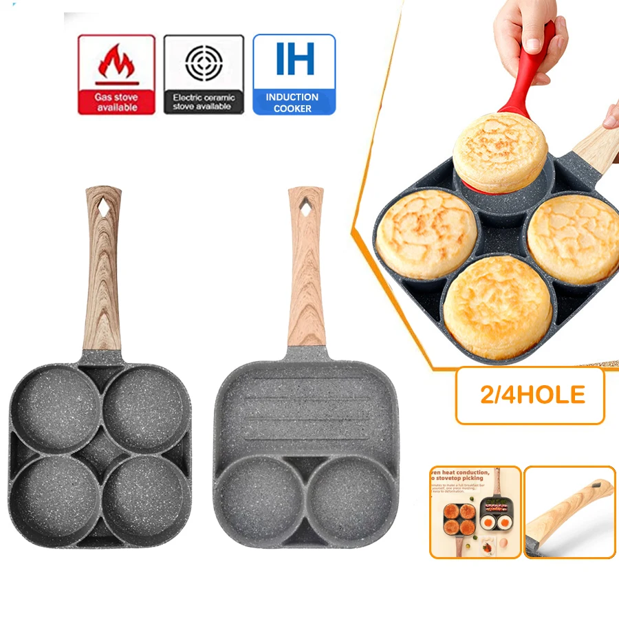 4-Hole Omelette Non-Stick Pan Hamburger Steak Pancake Sausage Omelet Breakfast Pan with Handle Cooking Tools