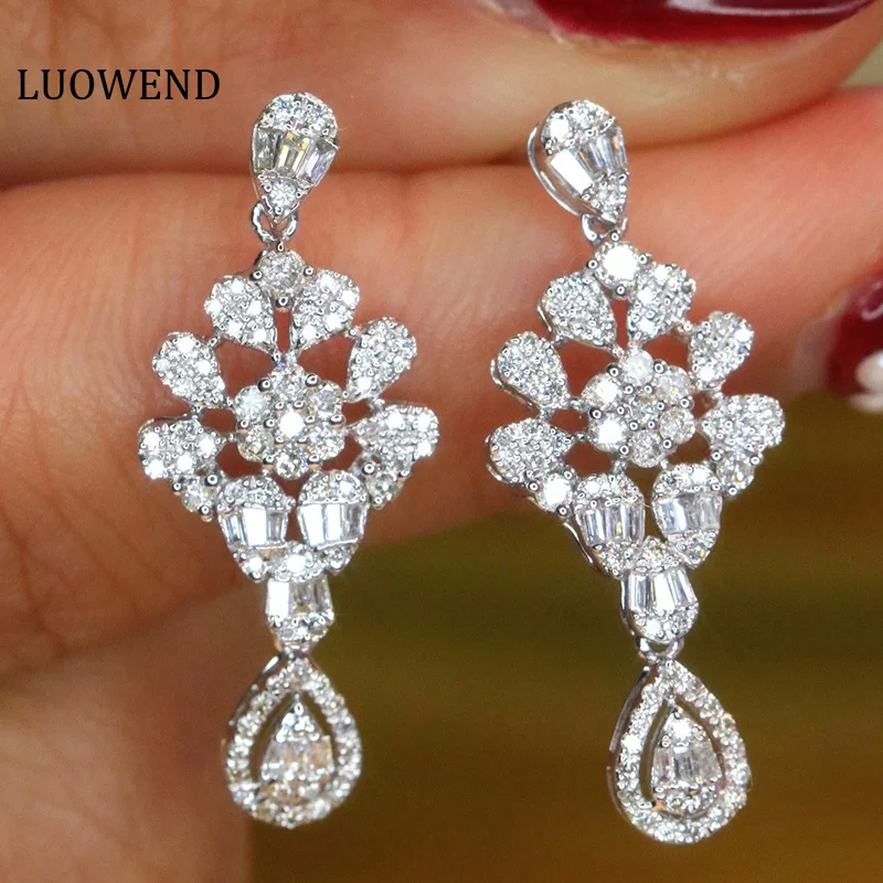 LUOWEND 18K White Gold Earrings Luxury Palace Design 0.80carat Real Natural Diamond Drop Earrings for Women High Wedding Jewelry