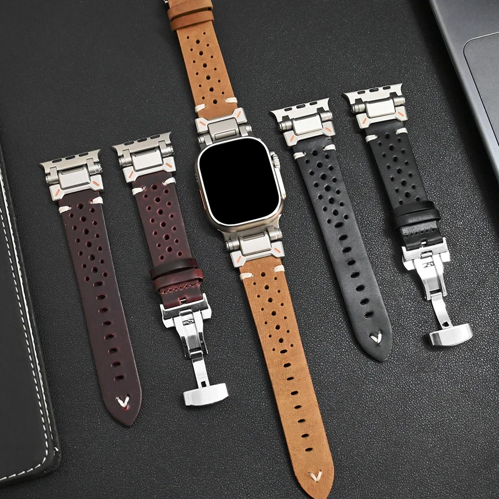 Leather Strap for Apple Watch 9 Ultra 2 Band 49mm 45mm Titanium Color Luxury Bracelet for iwatch Series 9 7 8 6 5 4 se 44mm 42mm image 6