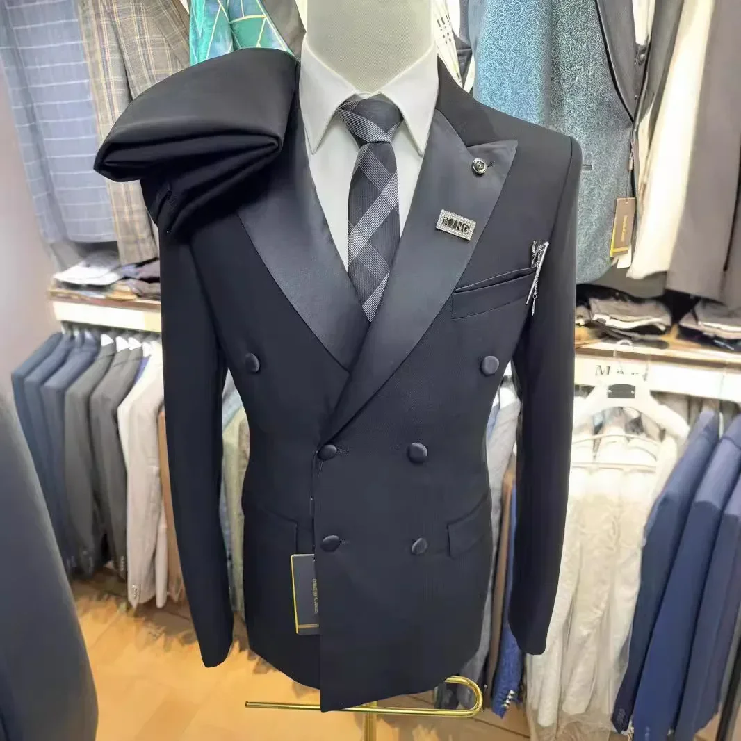 Trajes formales para hombre, esmoquin de novio de doble botonadura, 2 uds., para boda, solapa de pico, traje de moda masculina, chaqueta con pantalones