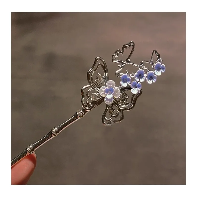 

Copper-plated Silver Hairpin New Chinese High-end Flower Colorful Blue Butterfly Antique Back Head Disc Hairpin