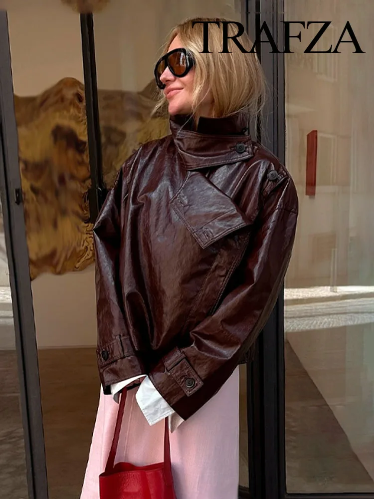 

TRAFZA Women's Autumn Fashion Versatile Skinny Leather Gloss Long Sleeve Coat Female Simple Temperament Casual Elegant Jacket