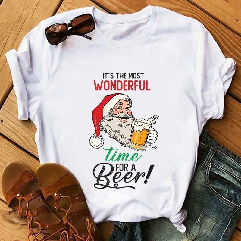 Calcomanías termoadhesivas con estampado de transferencia de calor navideña de 26cm, tiempo para una cerveza, dibujos animados de Papá Noel, accesorios de ropa DIY, pegatinas de vinilo