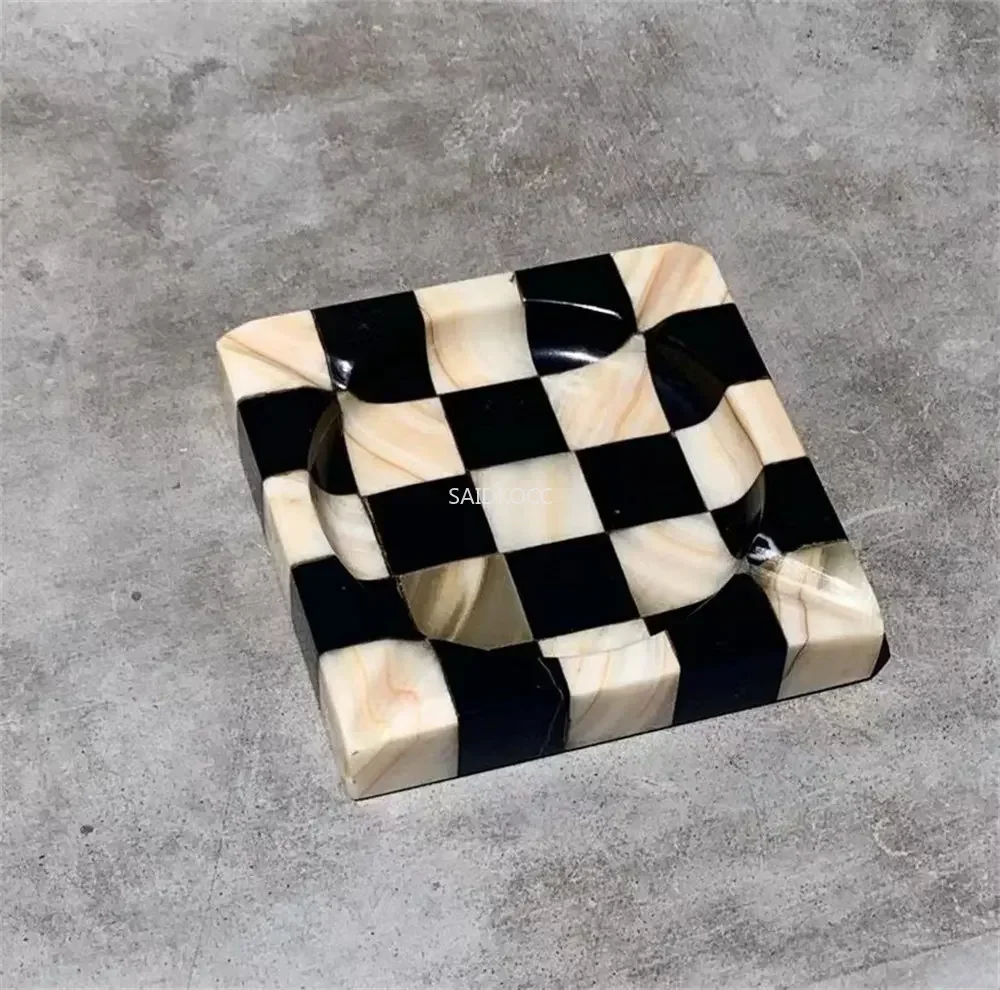 

Customized Squared Genius Natural Marble Travertine Onyx Checkered Ashtray 6'' CHECKERBOARD Catchall Tray Polished Surface