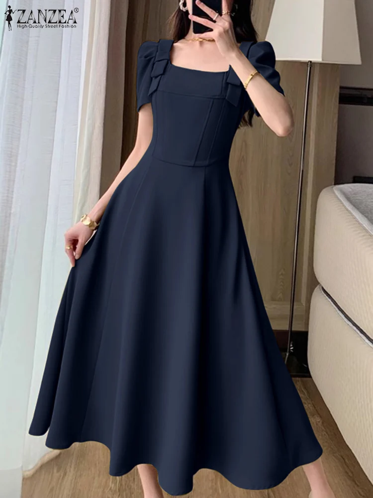 

ZANZEA Women Party Puff Sleeve Dresses Elegant Long Dress Fashion Square Collar Bowknot Sundress 2024 Summer Waisted Vestidos