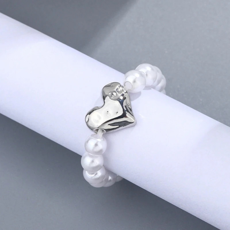 Imitation Pearl Beaded Stretch Finger Rings For Women Girl Korean Fashion Sweet Heart Fashion Jewelry Accessories Gift Party