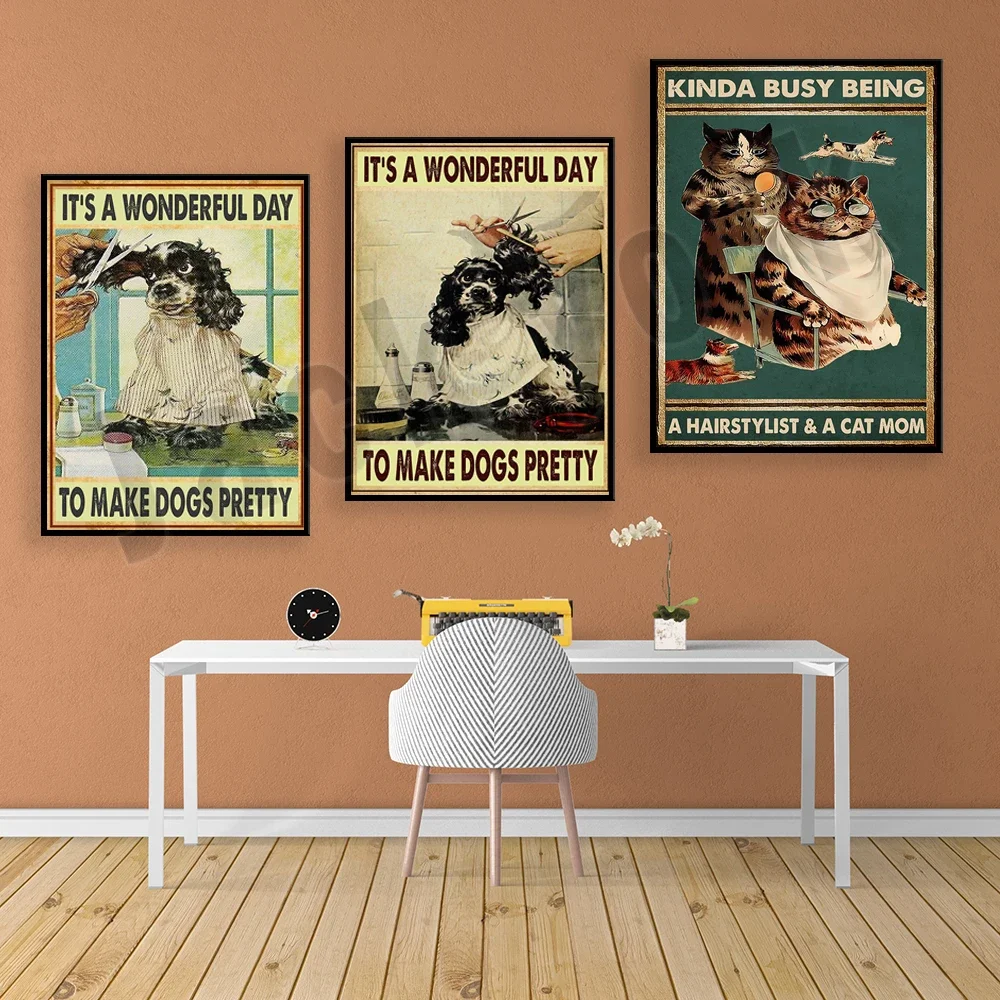 It's a good day to make dogs beautiful , funny dog groomer retro poster, grooming spa decor, cat dog hairdresser poster