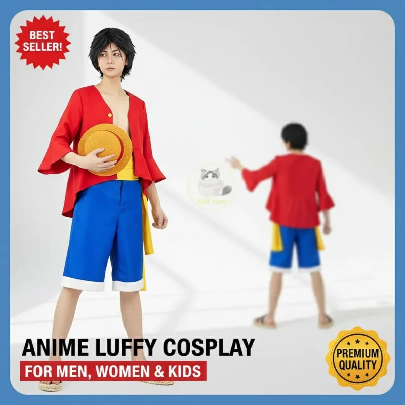 COSAnime Luffy Cosplay Costume Straw Hat Red Jacket Halloween Carnival Party Outfit for Men Women Adult Children - view 3
