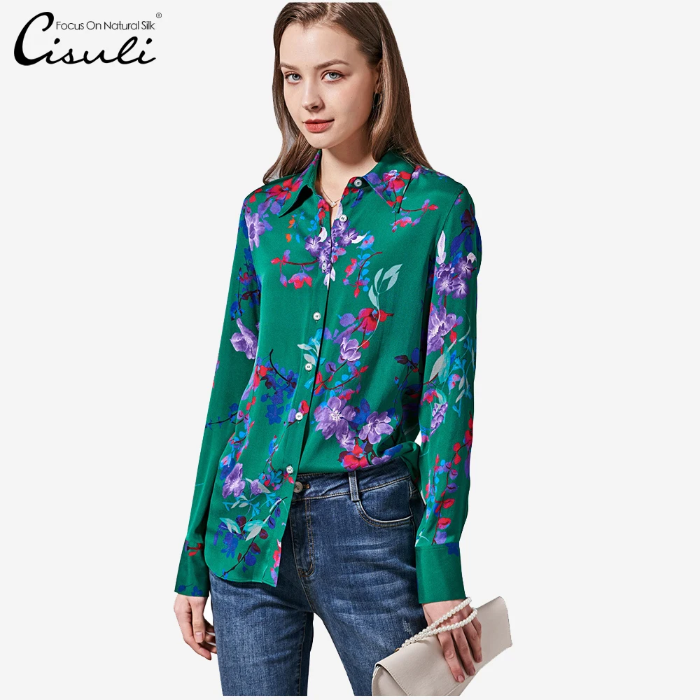 CISULI Pure Silk Shirt Flower Printed Women Summer Shirt Cool Breathable Office Lady