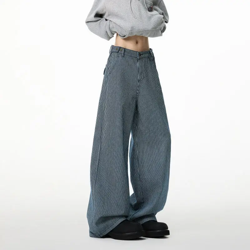 

Брюки TANGZ STUDIO в американском стиле High Street с вертикальными полосками, повседневные, свободного кроя, в пол, для мужчин и женщин, весенняя мода