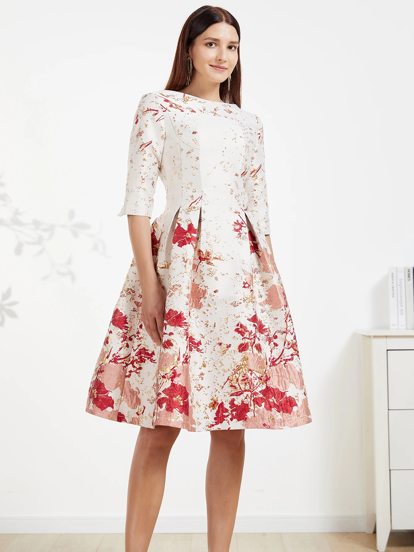 DEVCHATA-Robe Jacquard de Luxe Mi-Longue pour Femme, Tenue de Soirée Florale, Col Rond, Formelle, Éducative, à la Mode, Nouvelle Collection Printemps